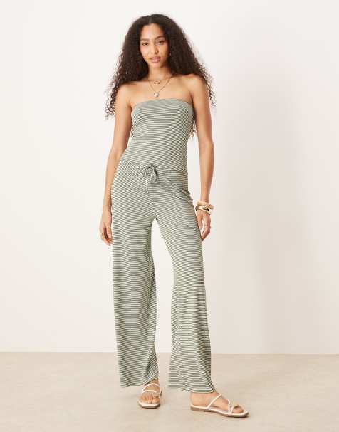ASOS DESIGN – Zielony top z dekoltem bandeau w paski, część zestawu - view 1