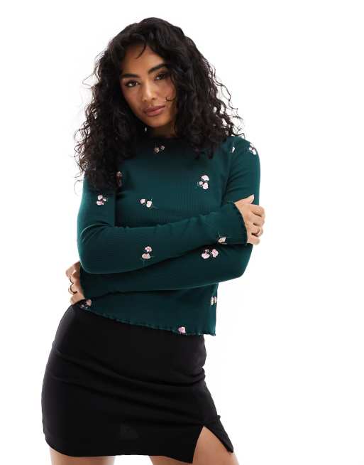 ASOS DESIGN – Zielony top z długimi rękawami i haftowanym wzorem w kwiaty