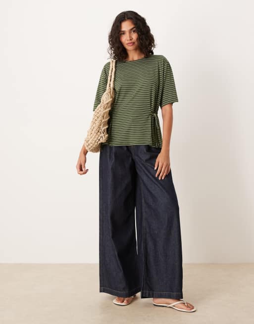 ASOS DESIGN – Zielony zbierany po bokach T-shirt w paski, 3 z 4