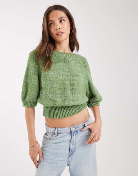 ASOS DESIGN knitted raglan 3/4 sleeve waisted jumper in green multi ply
