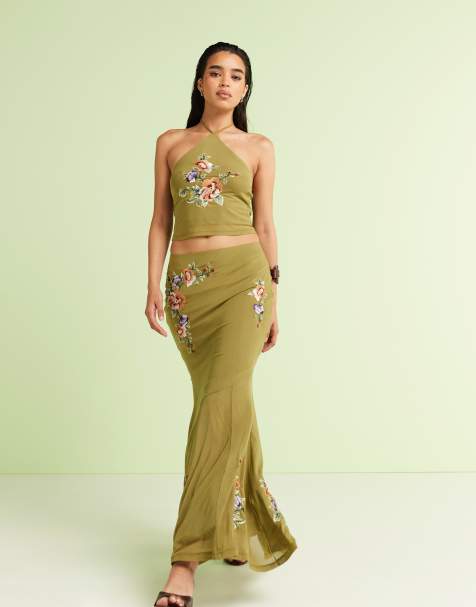 ASOS DESIGN – Zielony zestaw w haftowany wzór: top z dekoltem halter i spódnica maxi - view 1