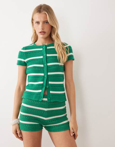 ASOS DESIGN – Zielony zestaw z szydełkowanej dzianiny z mieszanki bawełny w paski - view 1