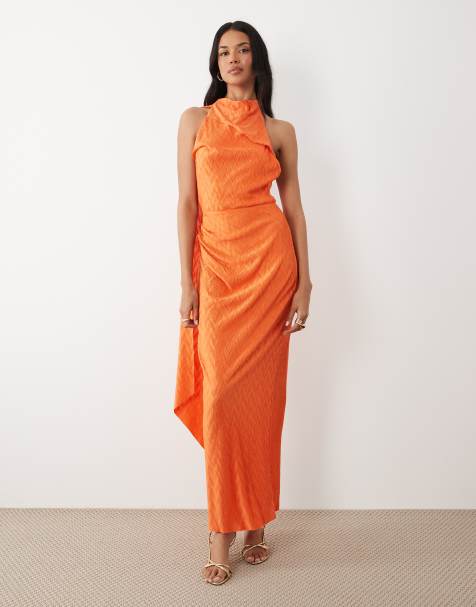 ASOS DESIGN zig zag plisse scarf neck maxi dress in orange - view 1
