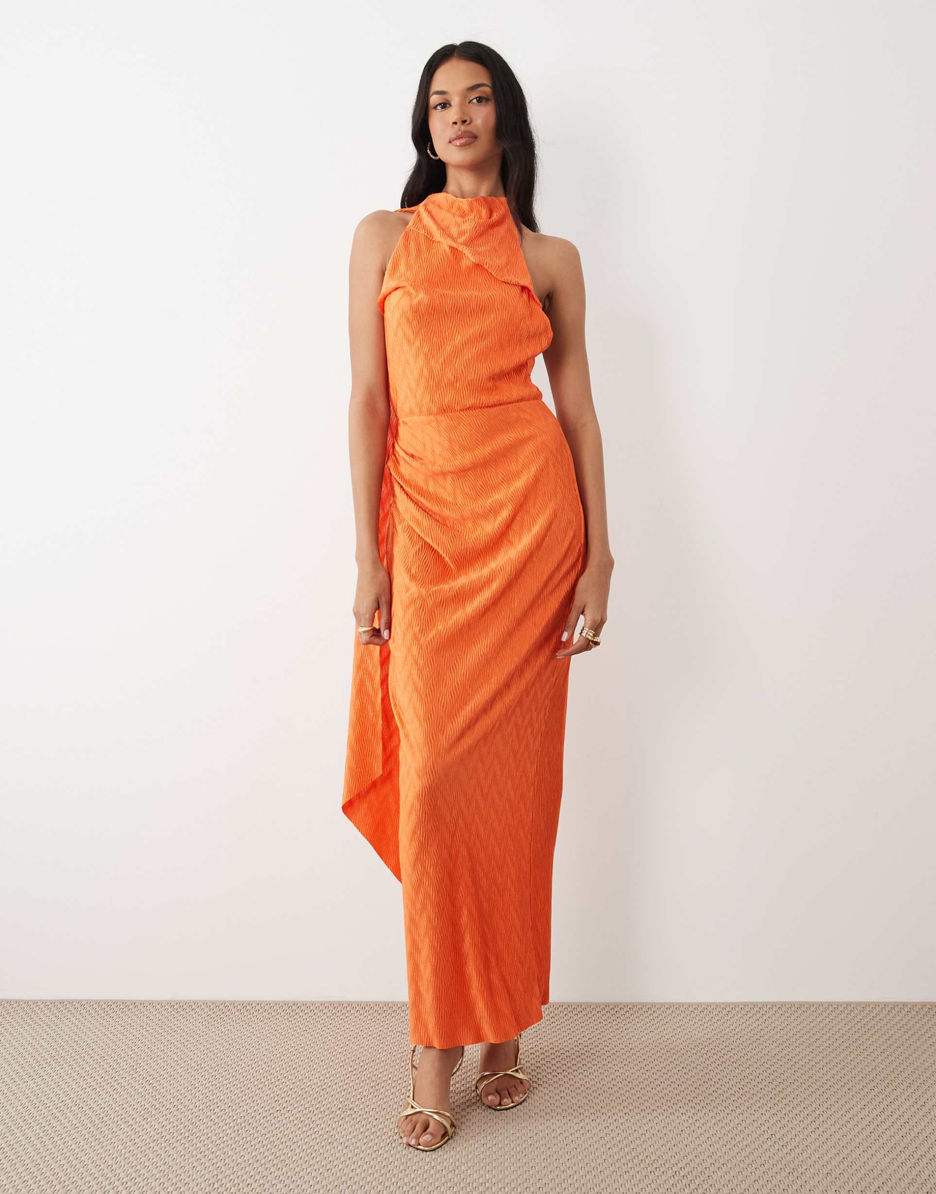 asos design zig zag plisse scarf neck maxi dress in orange