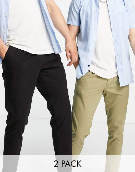 ASOS DESIGN – Zigaretten-Chinohosen in Schwarz und Khaki mit Bundfalten im 2er-Sparpack