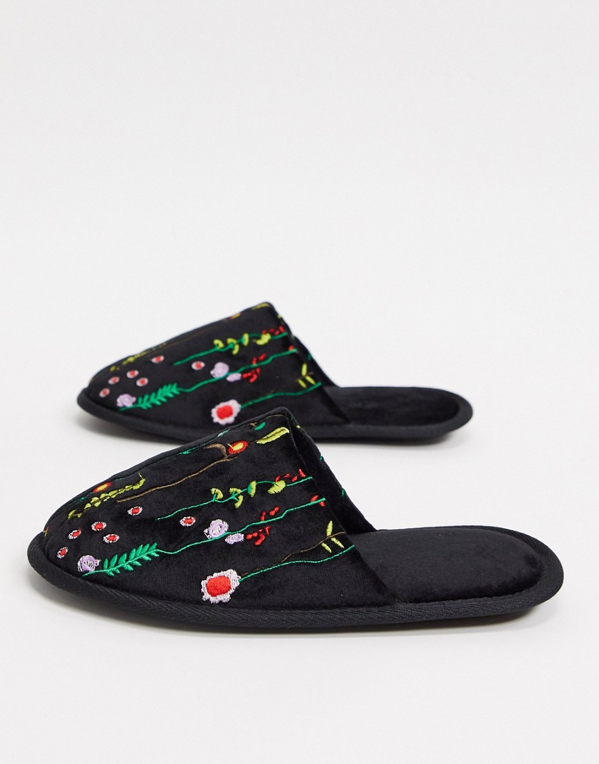 ASOS DESIGN Zigs embroidered slippers in black-Multi