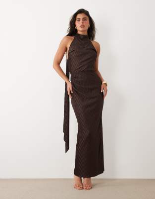 Asos Design Zigzag Plisse Scarf Neck Maxi Dress In Brown