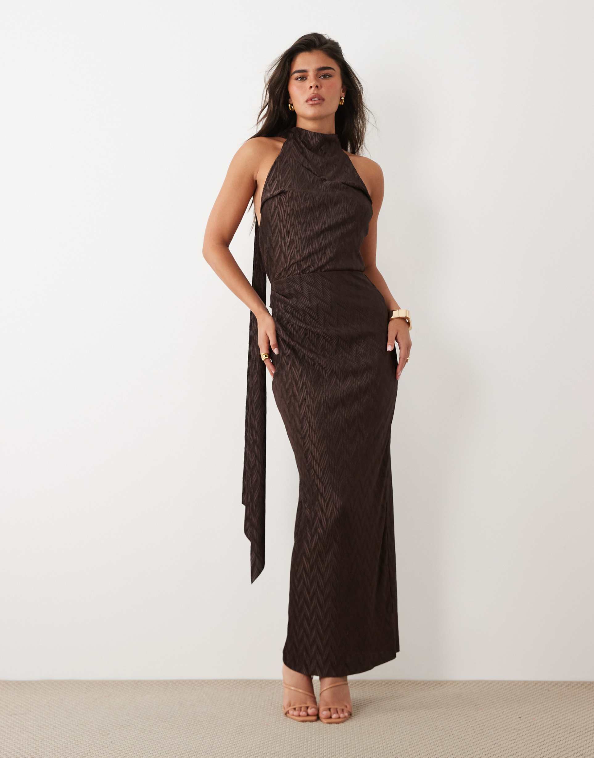 asos design zigzag plisse scarf neck maxi dress in chocolate