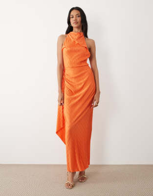 ASOS DESIGN zigzag plisse scarf neck maxi dress in orange
