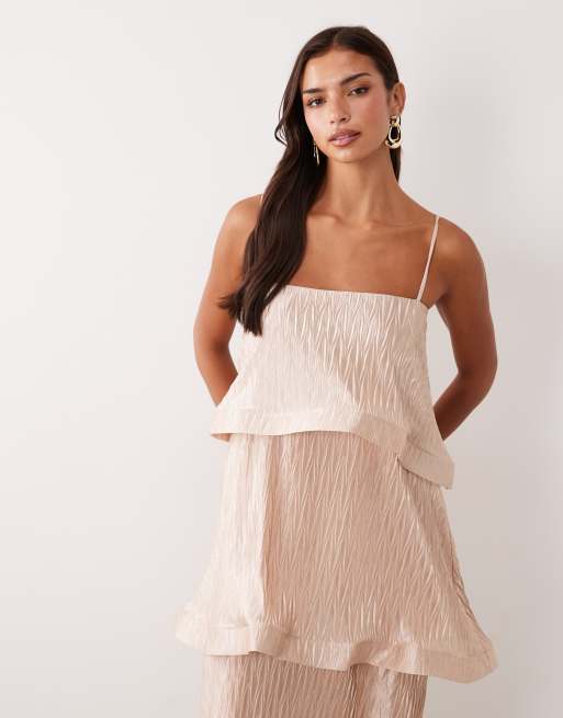 ASOS DESIGN zigzag plisse tiered trapeze maxi dress in champagne, 3 of 4