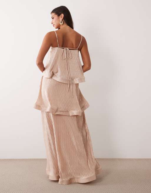 ASOS DESIGN zigzag plisse tiered trapeze maxi dress in champagne, 4 of 4