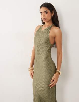Asos Design Zigzag Plisse V-neck Maxi Dress With Braid Strap Detail In Green