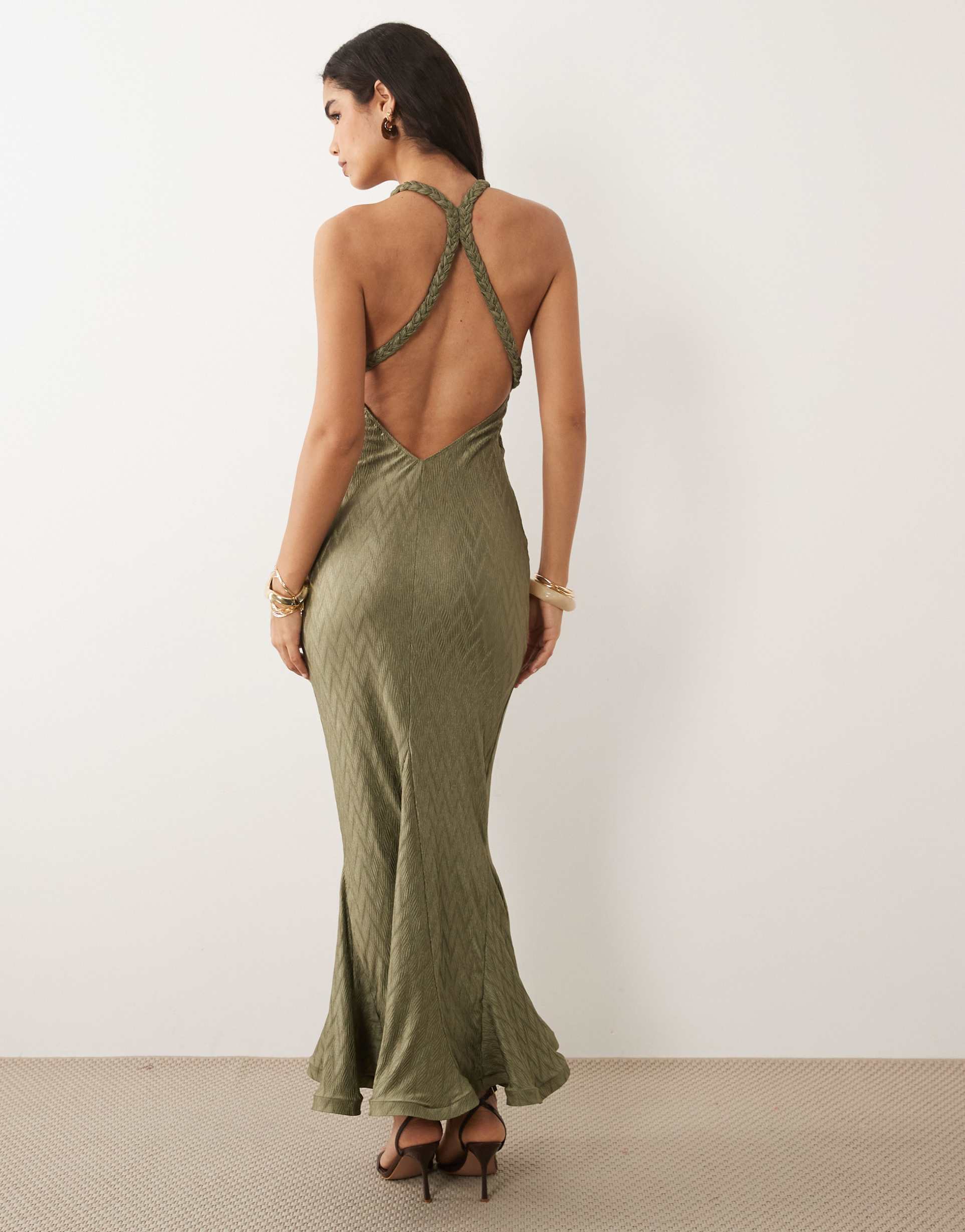 asos design zigzag plisse v-neck maxi dress with braid strap detail in khaki