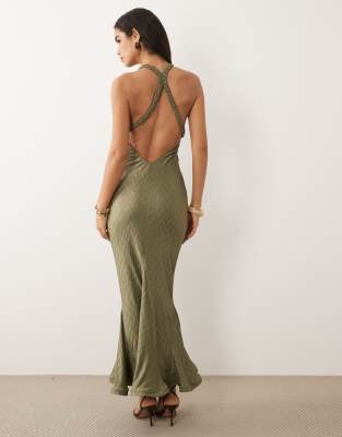 ASOS DESIGN zigzag plisse v-neck maxi dress with plait strap detail in khaki