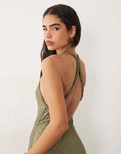 ASOS DESIGN zigzag plisse v-neck maxi dress with plait strap detail in khaki, 3 of 4
