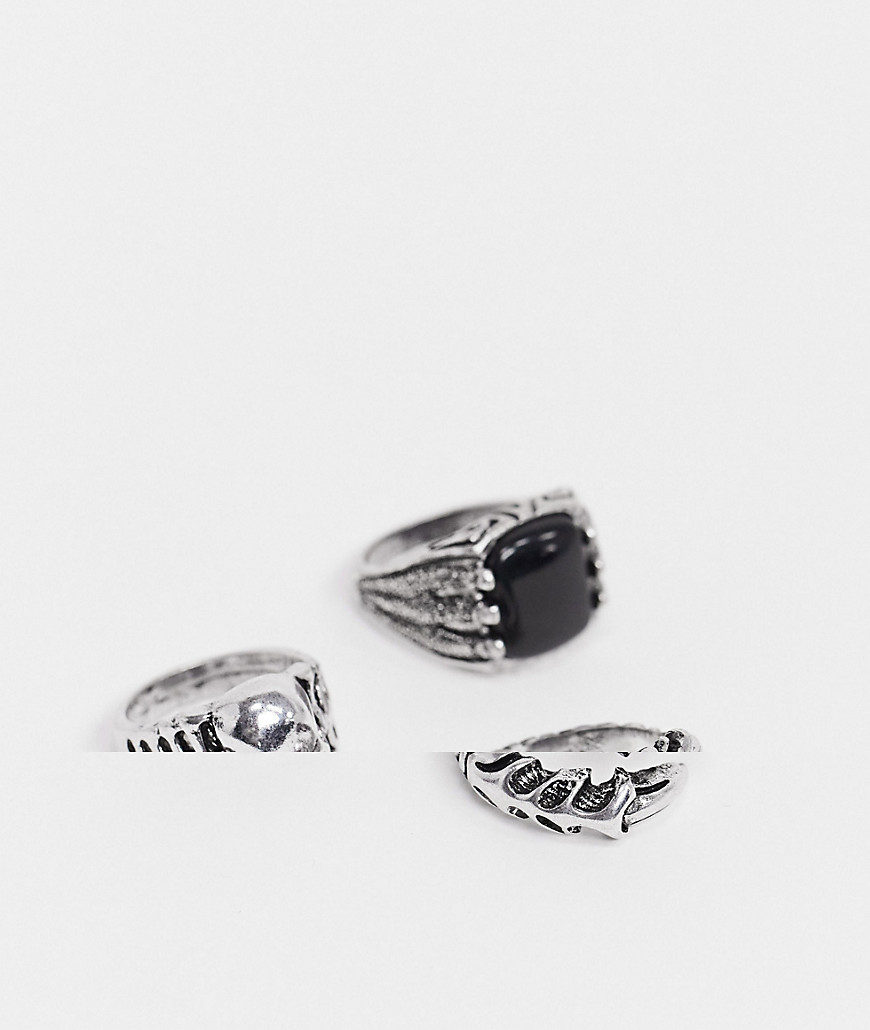 ASOS DESIGN - Zilverkleurige set van ringen met doodshoofd, klauw en zwarte agaat