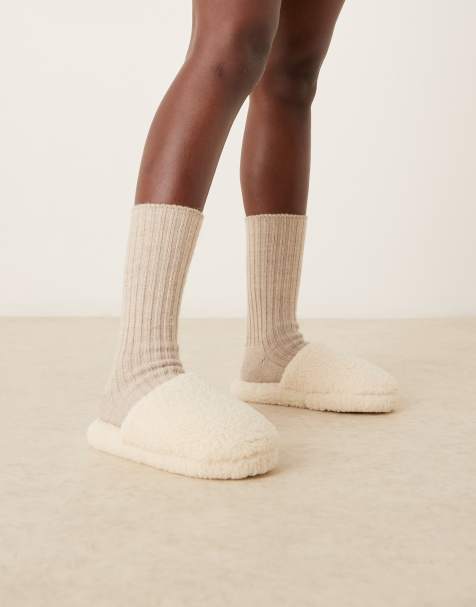 ASOS DESIGN Zina closed toe slippers in cream borg - view 1