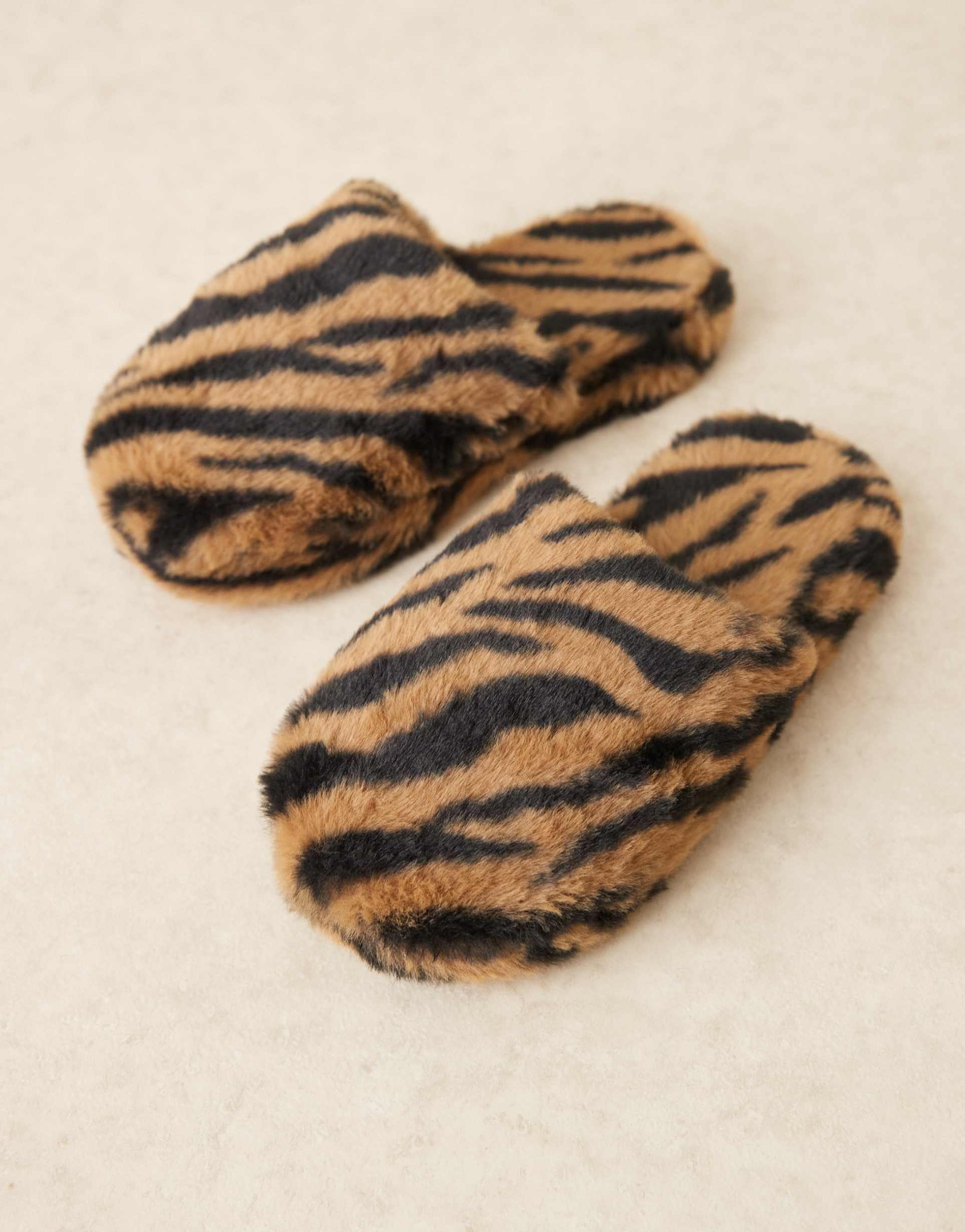 asos design zina closed toe slippers in tiger print