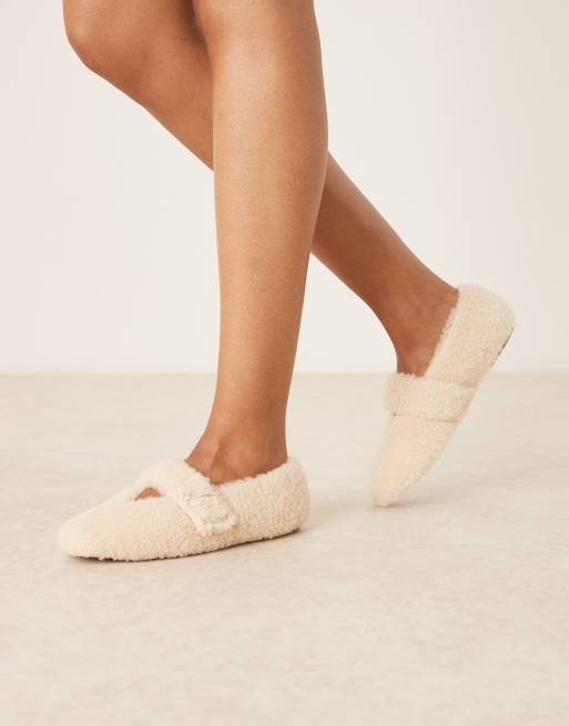ASOS DESIGN Zinnia teddy ballet inspired slippers in cream