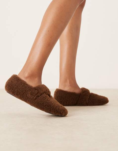 ASOS DESIGN Zinnia teddy ballet slippers in chocolate - view 1