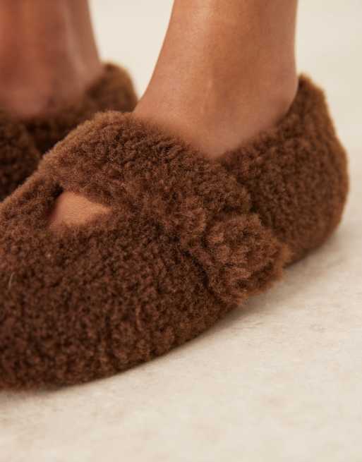 ASOS DESIGN Zinnia teddy ballet slippers in chocolate