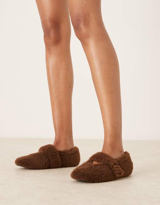 ASOS DESIGN Zinnia teddy ballet slippers in chocolate