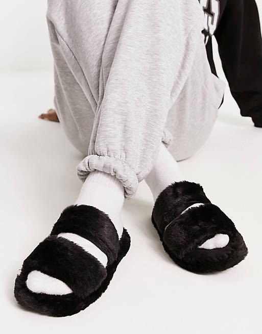 ASOS DESIGN Zion double strap slipper slides in black
