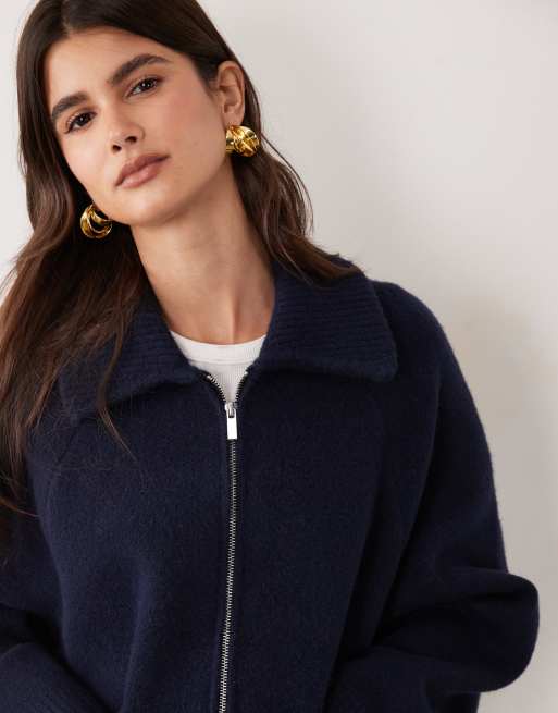 ASOS DESIGN zip detail compact knit cardigan in navy, 3 of 4