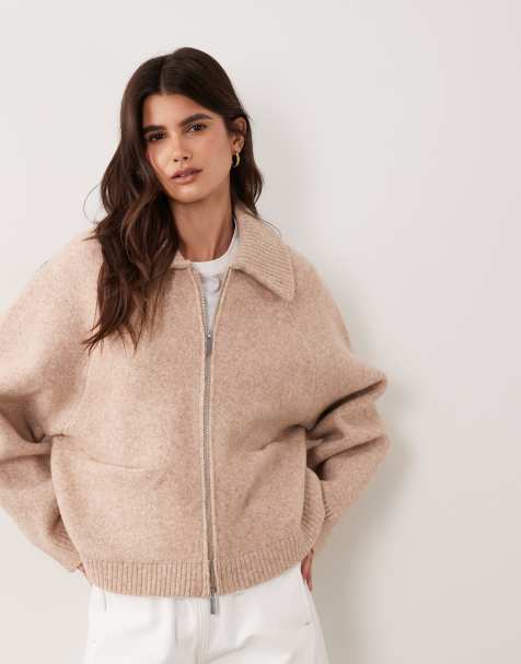 ASOS DESIGN zip detail compact knit cardigan in oatmeal - view 1
