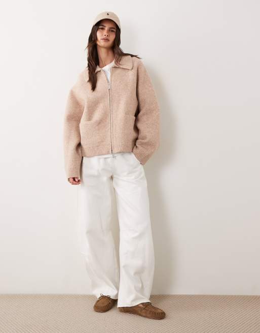 ASOS DESIGN zip detail compact knit cardigan in oatmeal, 2 of 4