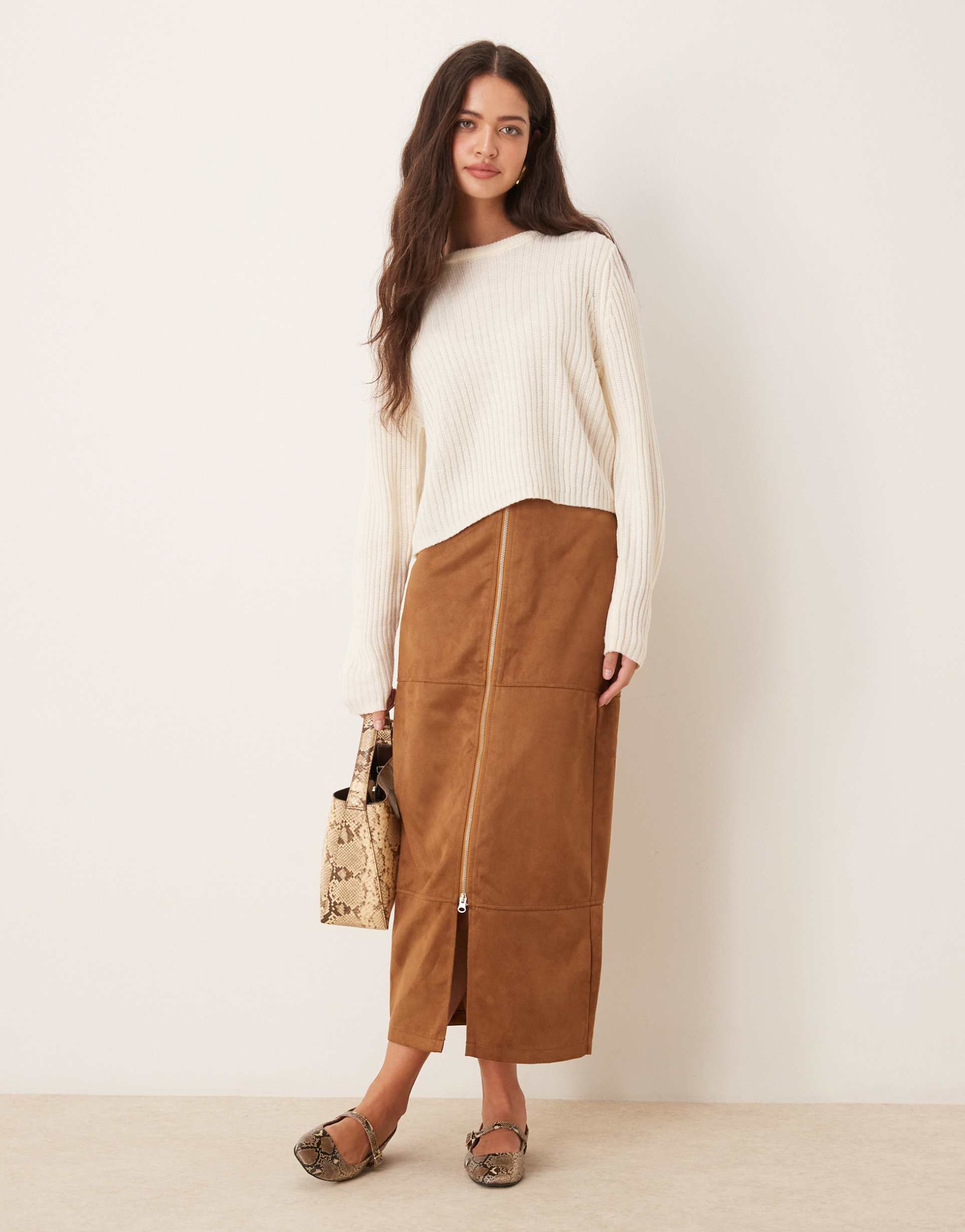 asos design zip detail faux suede maxi skirt in brown