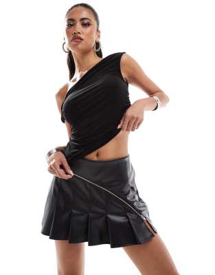 zip detail leather look pleated mini skirt-Black