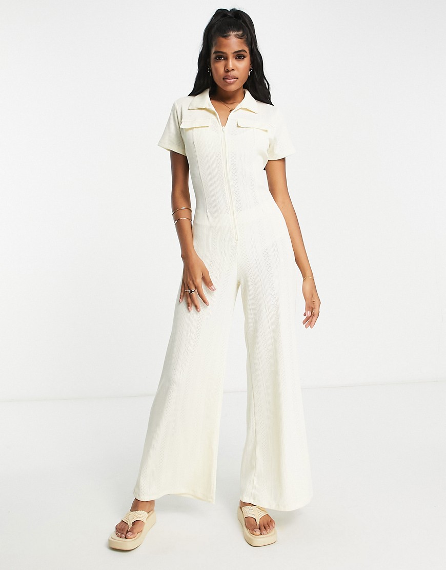 ASOS DESIGN zip front collared jumpsuit in pointelle-Neutral