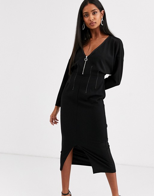 ASOS DESIGN long sleeve zip front midi dress in black