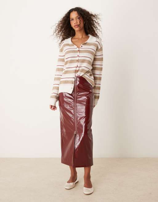 ASOS DESIGN zip front hi shine leather look midi skirt in burgundy ASOS