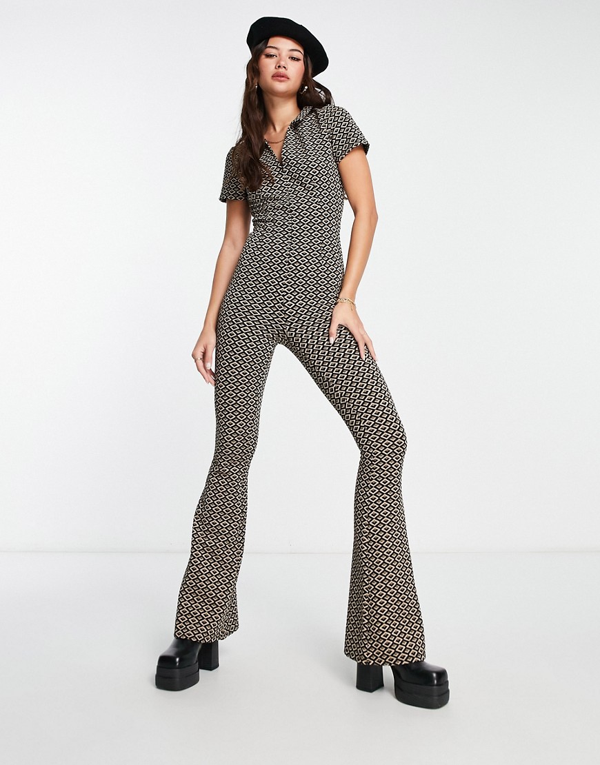 ASOS DESIGN zip front jumpsuit with flare leg in geo print-Multi
