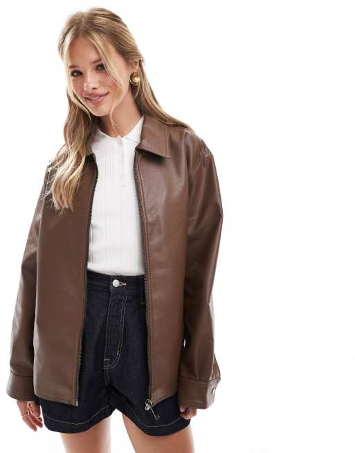 ASOS DESIGN zip front leather look harrington jacket in chocolate ASOS