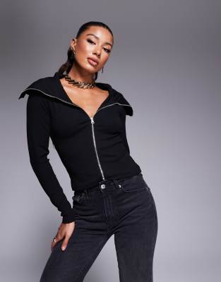 zip front ribbed jacket with oversized collar-Black