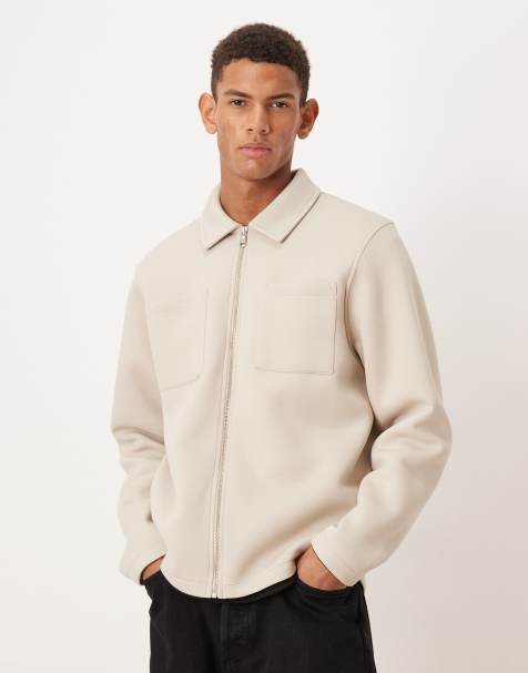 ASOS DESIGN zip heavyweight through jacket in scuba-style fabric in beige  - BEIGE - view 1