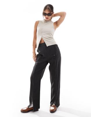 zip leg tailored pants in charcoal-Black