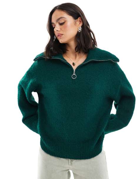 ASOS DESIGN zip neck jumper in fluffy yarn in dark green - view 1
