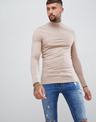 ASOS DESIGN zip neck muscle fit t-shirt with long sleeves in beige | ASOS