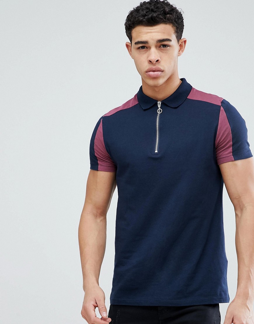 Asos Design Zip Neck Polo Shirt With Color Block In Navy In Blue