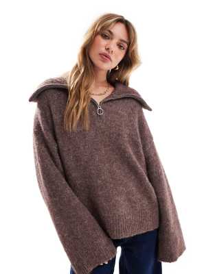 Asos Design Zip Neck Sweater In Fluffy Yarn In Brown