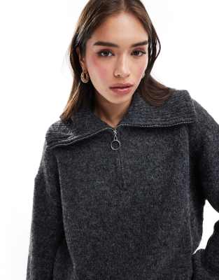 Asos Design Zip Neck Sweater In Fluffy Yarn In Charcoal-gray