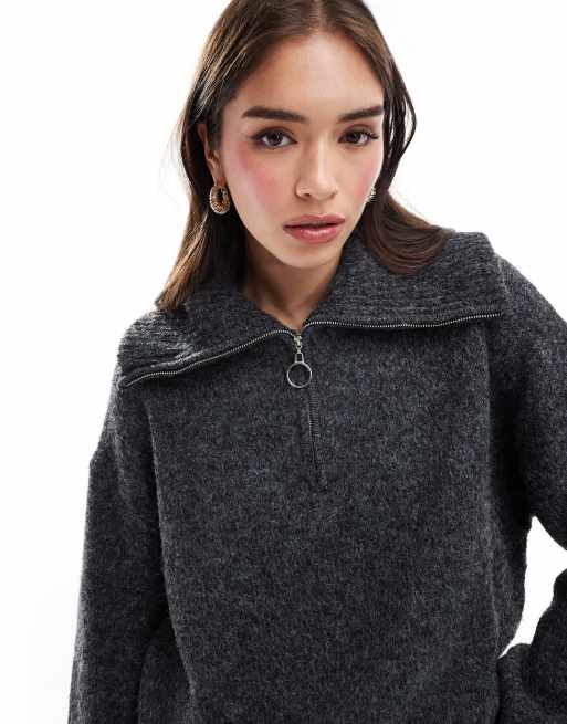 ASOS DESIGN zip neck sweater in fluffy yarn in charcoal