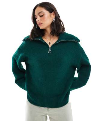 Asos Design Zip Neck Sweater In Fluffy Yarn In Dark Green