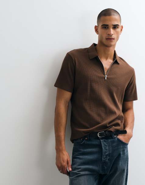 ASOS DESIGN zip polo in brown waffle - view 1