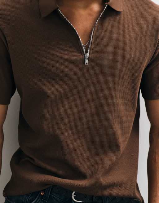 ASOS DESIGN zip polo in brown waffle, 4 of 5