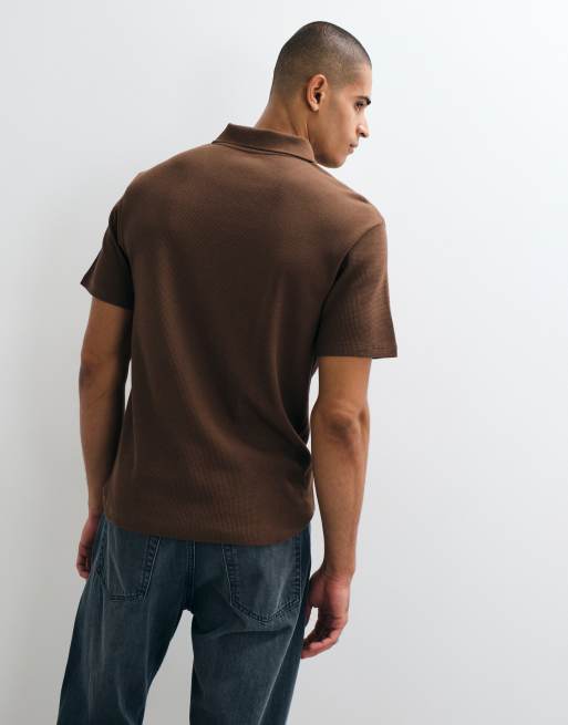 ASOS DESIGN zip polo in brown waffle, 5 of 5